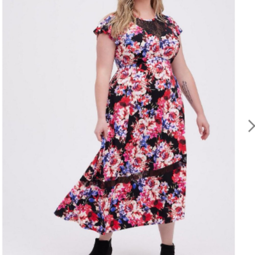 Torrid Midi Studio Knit Asymmetrical Hem Dress Black Floral NWT Size 1X 14 - 16